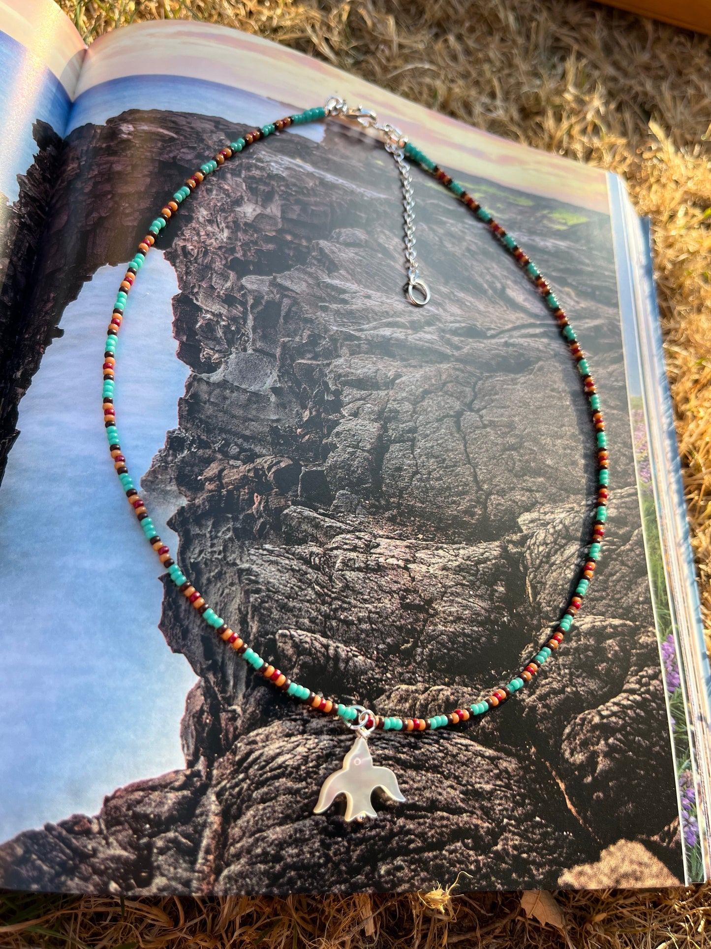 Swallows beaded necklace ~ turquoise 16” READY TO SHIP